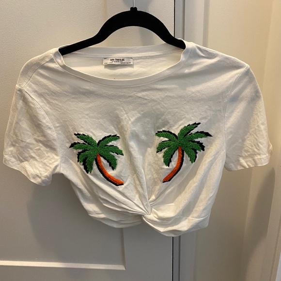 Zara White Crop Top with Palm Trees -Size Small - Picture 1 of 2